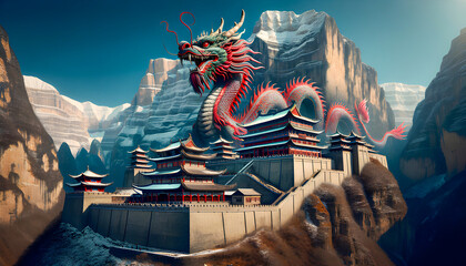 A majestic red Chinese dragon guards the mountain temple, its scales shimmering in the sunlight, embodying power, wisdom, and ancient mystique