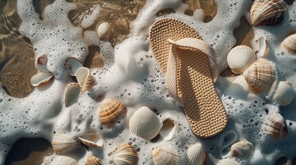 An electric blue flip flop is peacefully floating in the azure water, encircled by seashells, creating a beautiful natural art composition AIG50
