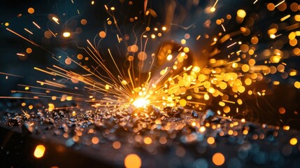 Close-up view of welding sparks, shining brightly and scattered in a dark space.
