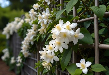 Clusters of fragrant jasmine adorning a garden trellis, generative AI