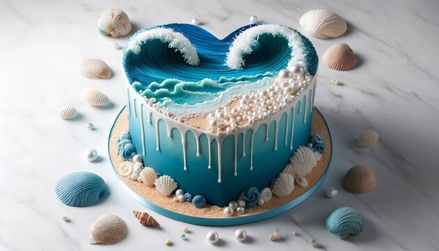 A heart-shaped cake designed with an ocean waves theme, featuring ocean blue waves and white foam.