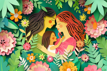 Papercut portrait of mother and daughter surrounded by flowers, commemorating their love on Mother's Day.