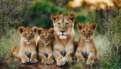 lioness staying together with her playful cubs in mashatu game reserve in the tuli block in botswana