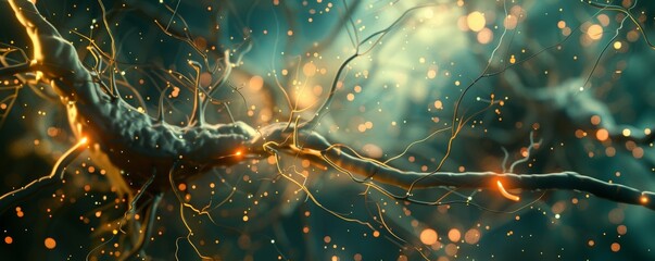 A 3D rendered animation of nerve impulses traveling through a network of neurons Use glowing lines and electrical sparks to depict the dynamic communication within the brain