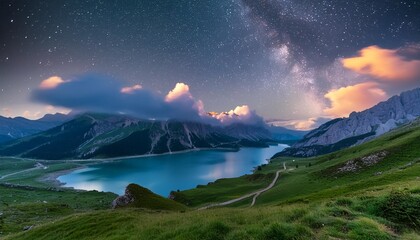 night sky with clouds lake and stars at night