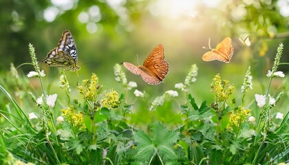 beautiful spring summer background nature with blooming wildflowers wild flowers in grass and two...