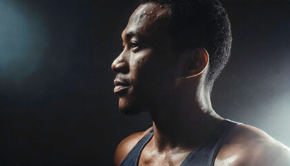 A powerful close-up of a determined male athlete's face, showcasing intense focus and unwavering resolve, capturing the essence of dedication and perseverance.