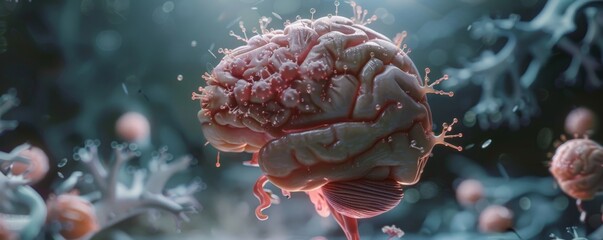 A 3D rendered model of a brain with specific cell types highlighted Focus on glial cells like astrocytes and oligodendrocytes, and their role in supporting and protecting neurons - obrazy, fototapety, plakaty