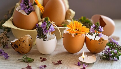 beautiful composition with flowers in eggs shells and wiccan amulet of triple goddess candlestick on table background festive spring season table decor for ostara sabbat