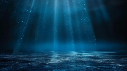 Dark blue background with light rays, glowing and shining on the floor, creating an atmospheric effect.