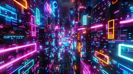 a bustling city street illuminated by neon lights, with a towering skyscraper in the background