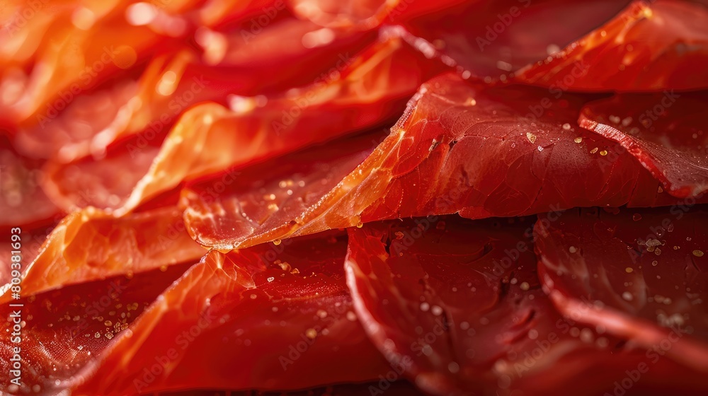Poster macro image of red slices of cured meat