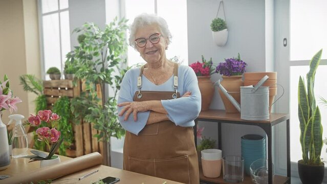 Smiling elderly woman with glasses, arms crossed, standing in a flower shop surrounded by plants and gardening tools.