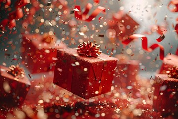 Vibrant Chinese New Year gift boxes with gold ribbons Festive atmosphere