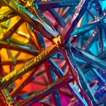 A closeup view of a crystalline lattice in steel The image is awash in vibrant colors