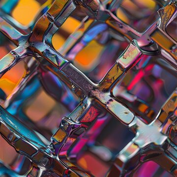 A closeup view of a crystalline lattice in steel The image is awash in vibrant colors