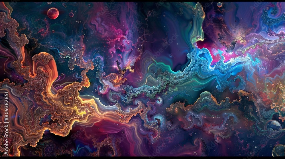 Poster a colorful fractal image featuring a variety of shapes and sizes, including a triangle, a square, a 