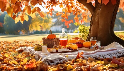 a picnic blanket under a tree with autumn snacks in the style of dreamy autumn picnics generative ai