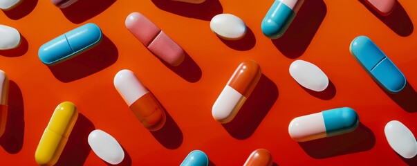 Assorted medication pills on red background