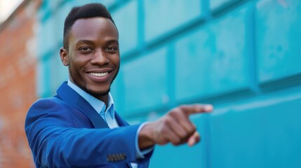 Smiling man in blue attire pointing ahead