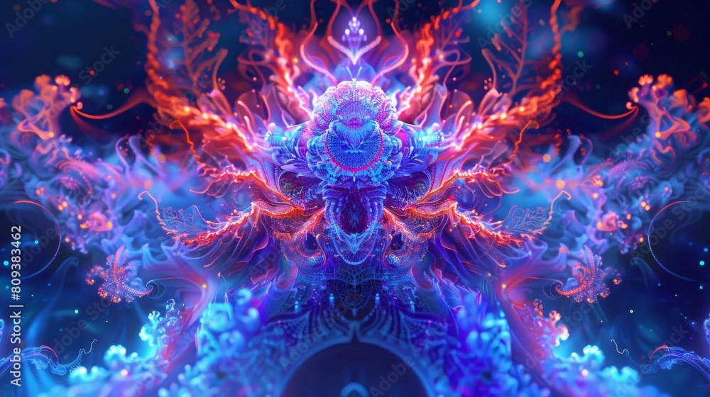 Poster a colorful fractal image featuring a flower, a geometric pattern, and a circular shape