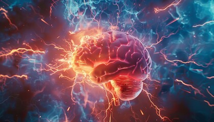 A dynamic animation of a brain with electrical impulses traveling through a network of firing neurons The scene pulsates with energy