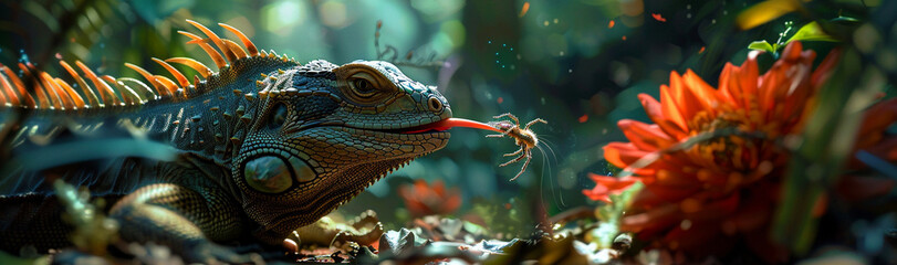 Closeup image of a lizard eating a spider.