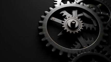 A minimalist composition featuring a single gear and cog, their teeth perfectly meshing as they rotate against a stark black background