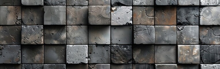 Vintage Geometric Mosaic Cement Tile Texture - Gray Retro Square Motif Background Banner Panorama