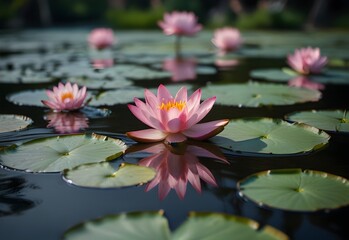 A tranquil pond surrounded by graceful lotus flowers, their delicate pink petals floating serenely on the water's surface, a symbol of purity and enlightenment, generative AI