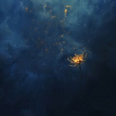 A single, floating dandelion seed, bathed in a soft, golden light, drifts through an endless void of deep blue