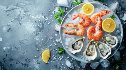 A bowl of oysters, shrimp, lemons, and ice sits on a table, ready to be enjoyed. This arrangement of fresh seafood and citrus is perfect for a refreshing seafood dish AIG50