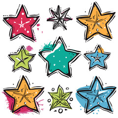 Collection colorful handdrawn stars splashes doodle elements, isolated white background. Nine unique star illustrations featuring variety patterns colors including pink, yellow, green, blue