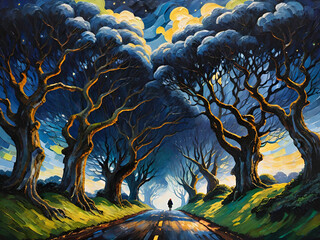 a vertical painting of a landscape of a colorful road at sunset.