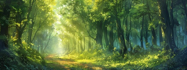 A tranquil forest background with tall trees, a winding path, and soft sunlight filtering through the leaves, perfect for nature-themed projects. 