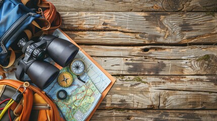 A pair of hiking boots, binoculars, a compass, and a map are displayed on a rustic wooden table in a landscape painting featuring plants and trees AIG50
