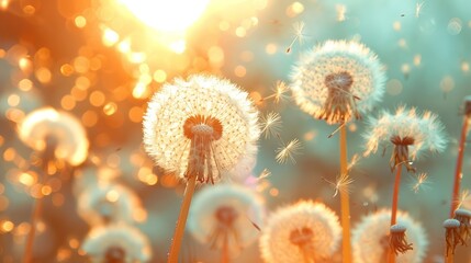 Dandelions with Flying Seeds in Defocused Field - Symbolic of Freedom and Allergy Concept - Powered by Adobe