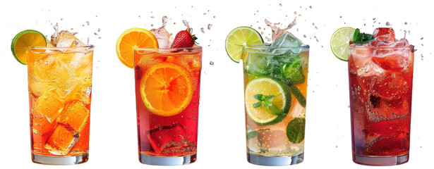 a row of different colored drinks with slices of lime and oranges, transparent background png