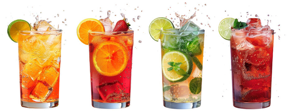 a row of different colored drinks with slices of lime and oranges, transparent background png