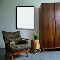 Mockup frame broder in living room with modern chair and wooden cupboard, no human