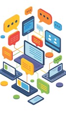 Obraz premium An icon depicting a cluster of laptops and tablets forming a circle, with chat bubbles above, representing ongoing student discussions and teamwork