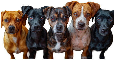 a group of dogs standing in a row looking at the camera, transparent background png