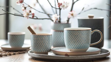 coffee cups and saucers sit on a wooden table adorned with a pink and white flower, while a brown wooden stick rests nearby the scene is set against a white wall