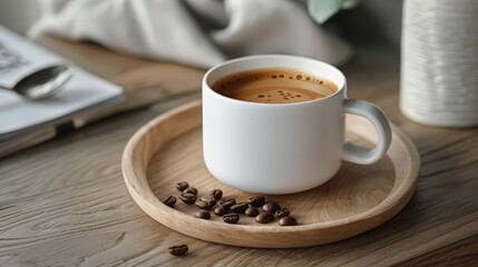 a cup of coffee sits on a wooden plate atop a brown and wood table, accompanied by a silver spoon a white book rests nearby