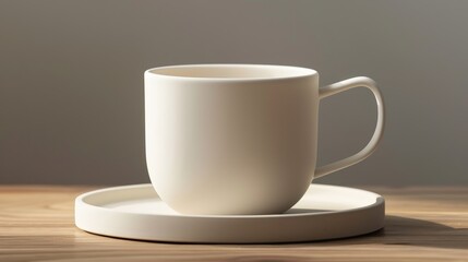 a white coffee cup sits on a wooden table against a gray and white wall, with a white handle visible in the foreground