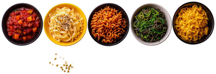 a variety of bowls of pasta and vegetables on a blue surface, transparent background png