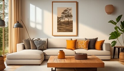 Mockup frame broder in living room with modern chair and wooden cupboard