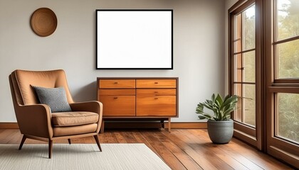 Mockup frame broder in living room with modern chair and wooden cupboard