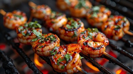 Grilled shrimp skewers over charcoal flames