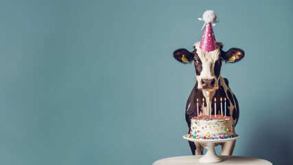 Photo of cow wearing a birthday hat in front of a birthday cake isolated on blue background
